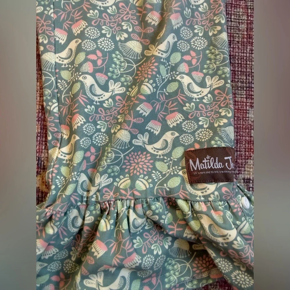 Matilda Jane Girls 12 Big Ruffled Hem Floral & Bird pattern Pants Mint & Pastel